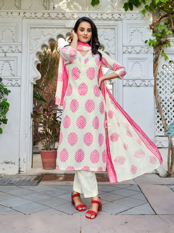 White  Cotton Blend Kurta Set Printed by Vibe Vision