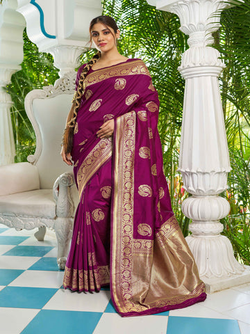 Swornof Womens Silk Saree with Zari Woven Saree With Blouse Piece - Purple