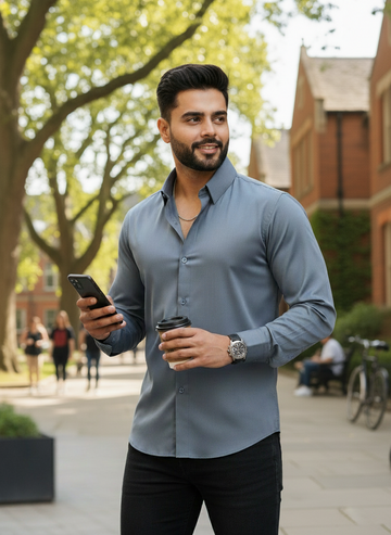 Mens Cotton Grey Casual Wear Shirt