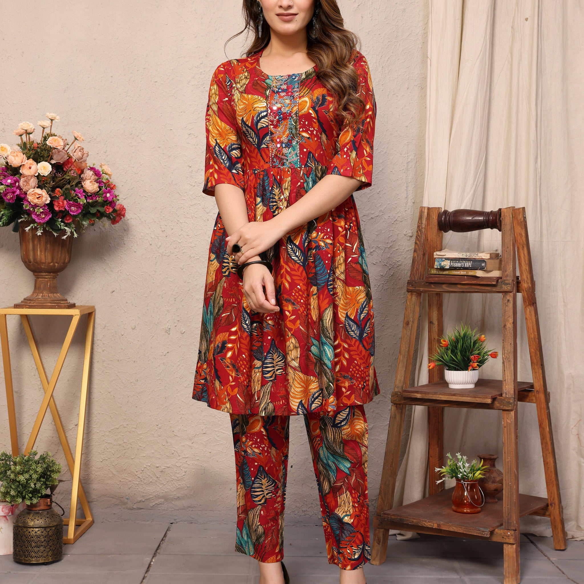 SUNDARNAARI Cotton Blend Printed Co-Ords – Stylish Orange Casual Wear