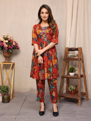 SUNDARNAARI Cotton Blend Printed Co-Ords – Stylish Orange Casual Wear