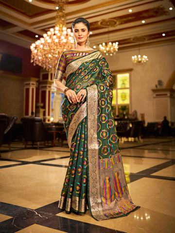 Swornof Womens Patola Organza Saree with blouse piece - Green