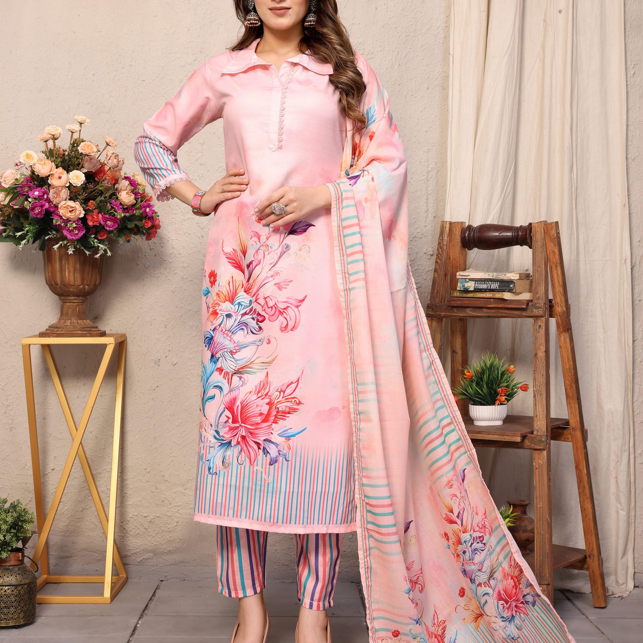 SUNDARNAARI Baby Pink Kurta Set for Women - Digital Print Viscose Rayon, Comfortable & Elegant, Ideal for Casual & Festive Occasions