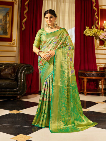 Swornof Women's cotton Silk Saree With Unstitched Boluse Piece - Green