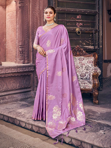 Swornof Womens Silk Saree with Zari Woven Saree With Blouse Piece - Purple