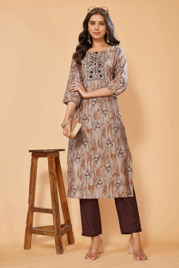 SUNDARNAARI Brown Kurta Set for Women | Printed Chanderi Cotton | Stylish & Comfortable | Perfect for Festive & Casual Wear