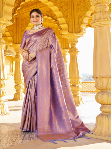 Swornof Womens Silk Saree With Blouse Piece - Purple