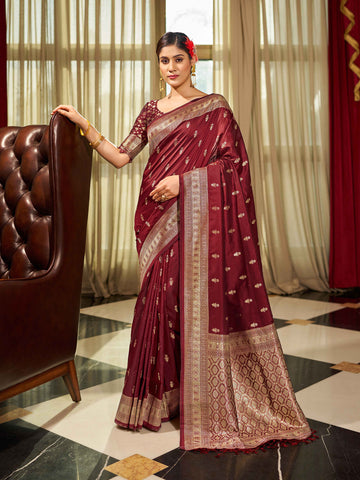 Swornof Womens Silk Saree with Zari Woven Saree With Blouse Piece - Maroon