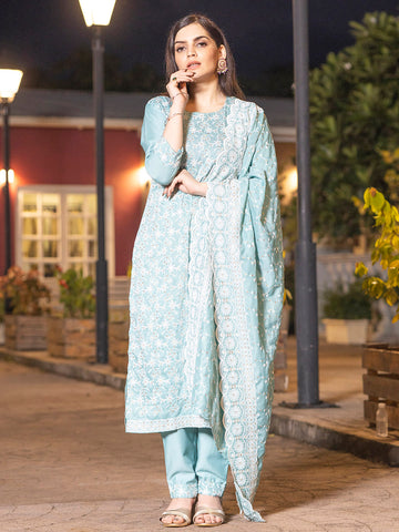 Firozi Chinon Embroidered Kurta Set with Dupatta - Laxis