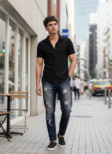 Mens Cotton Black Half Sleeve Shirt