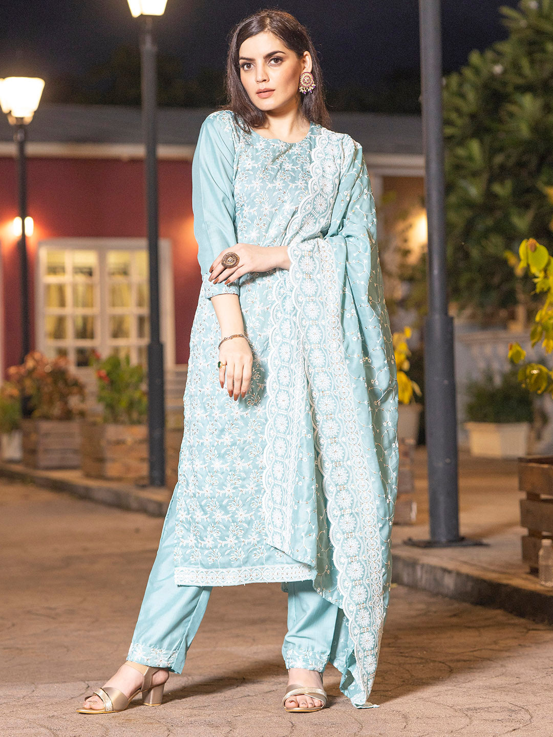 Firozi Chinon Embroidered Kurta Set with Dupatta - Laxis