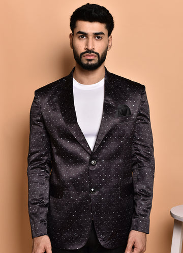 BOWLIFESTYLE Black Cotton Blend Printed Blazer