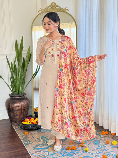 Beige Embroidered Kurta