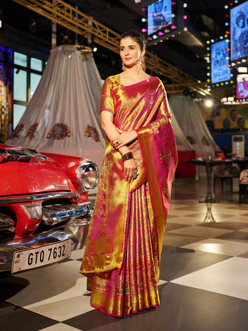 Swornof Womens Kanjivaram Patola Silk Saree With Blouse Piece - Gold