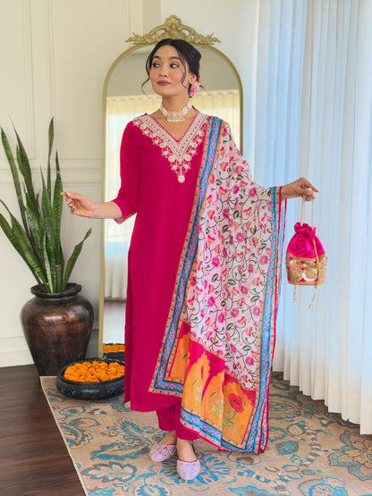 Women Magenta Embroidered Kurt
