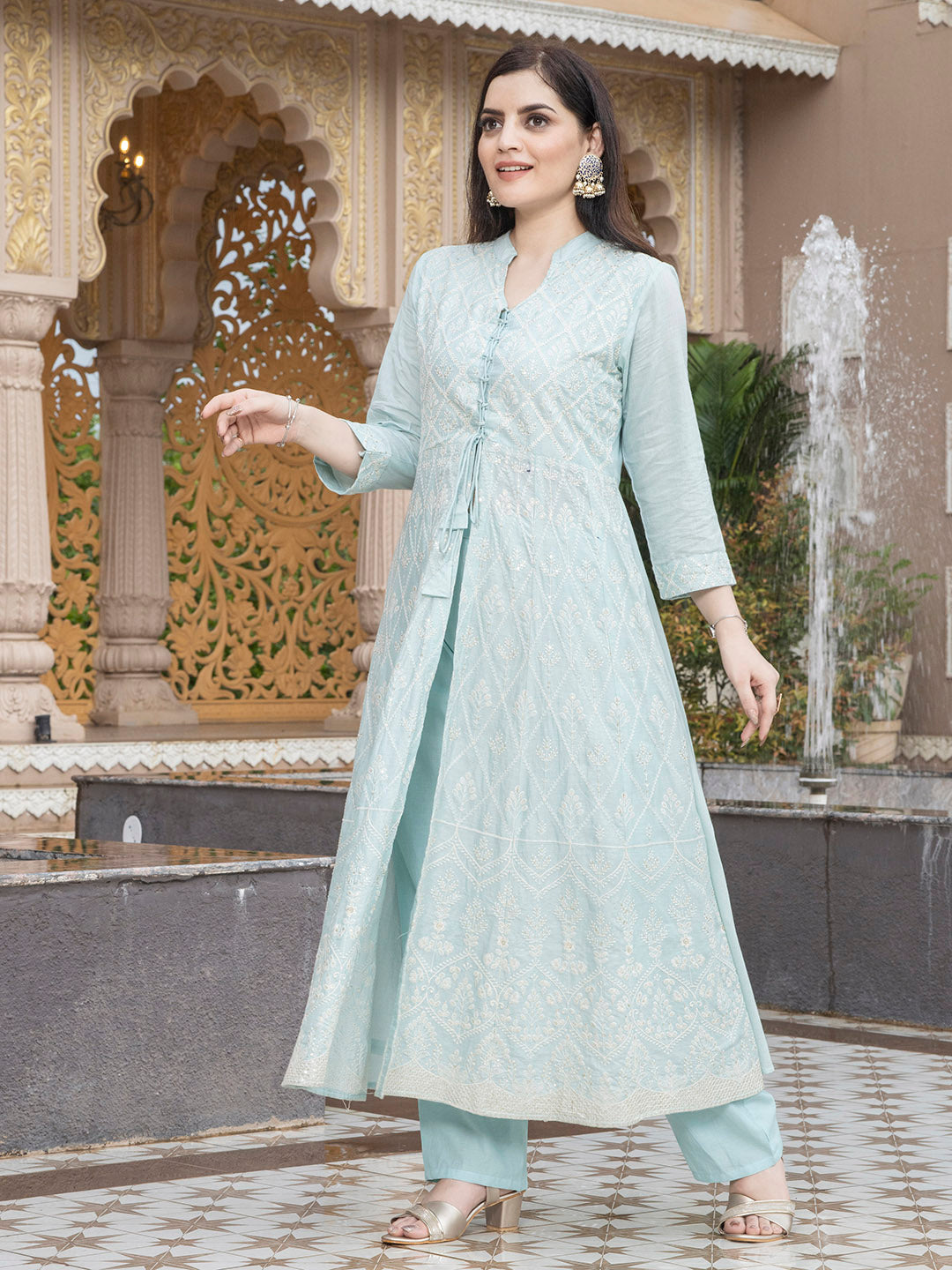 Sky Blue Cotton Embroidered Kurta Set for Women - Laxis