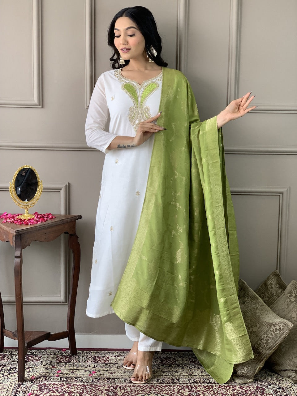 Women White Embroidered Kurta with Trousers and Dupatta