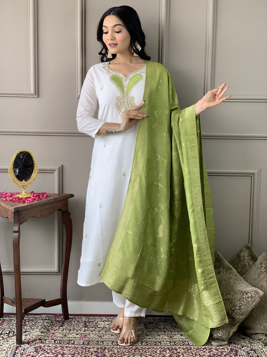 Women White Embroidered Kurta with Trousers and Dupatta