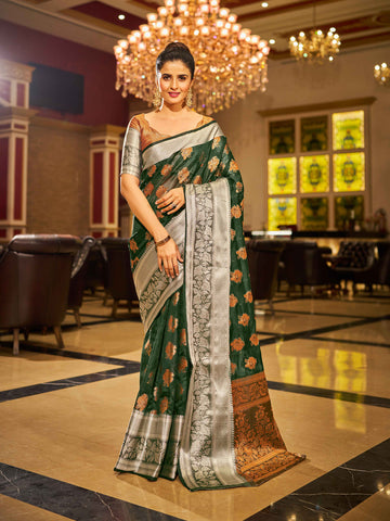 Swornof Womens Silk Saree With Blouse Piece - Green