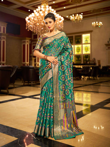 Swornof Womens Patola Organza Saree with blouse piece - Firozy