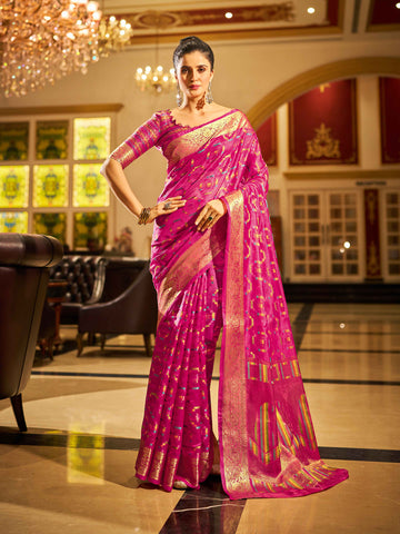 Swornof Womens Patola Organza Saree with blouse piece - Rani