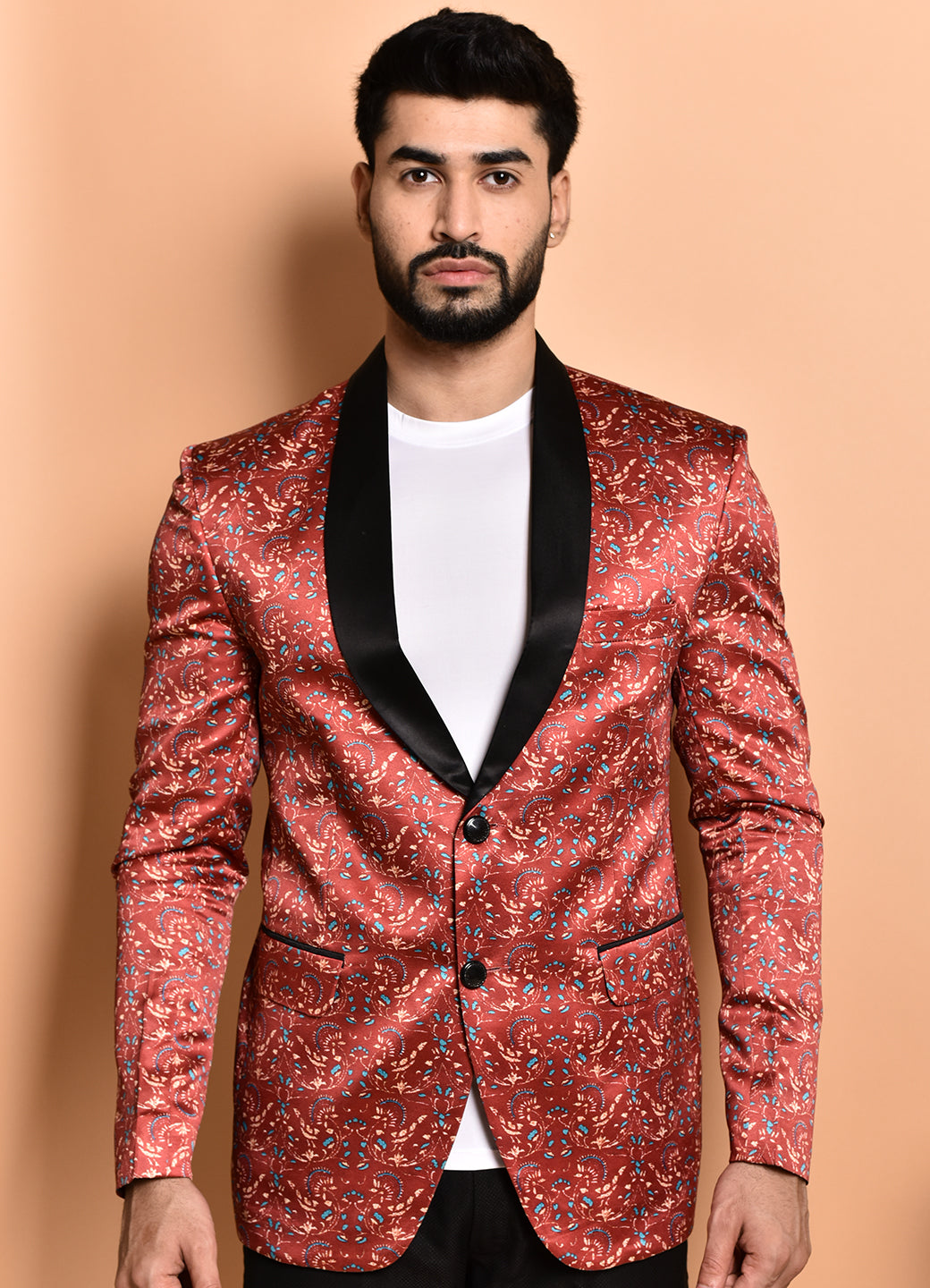 BOWLIFESTYLE Maroon Multi Cotton Blend Printed Blazer