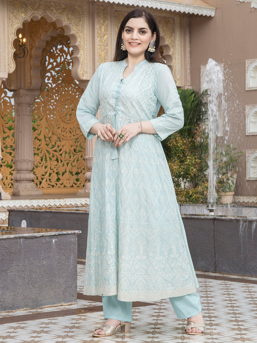 Sky Blue Cotton Embroidered Kurta Set for Women - Laxis