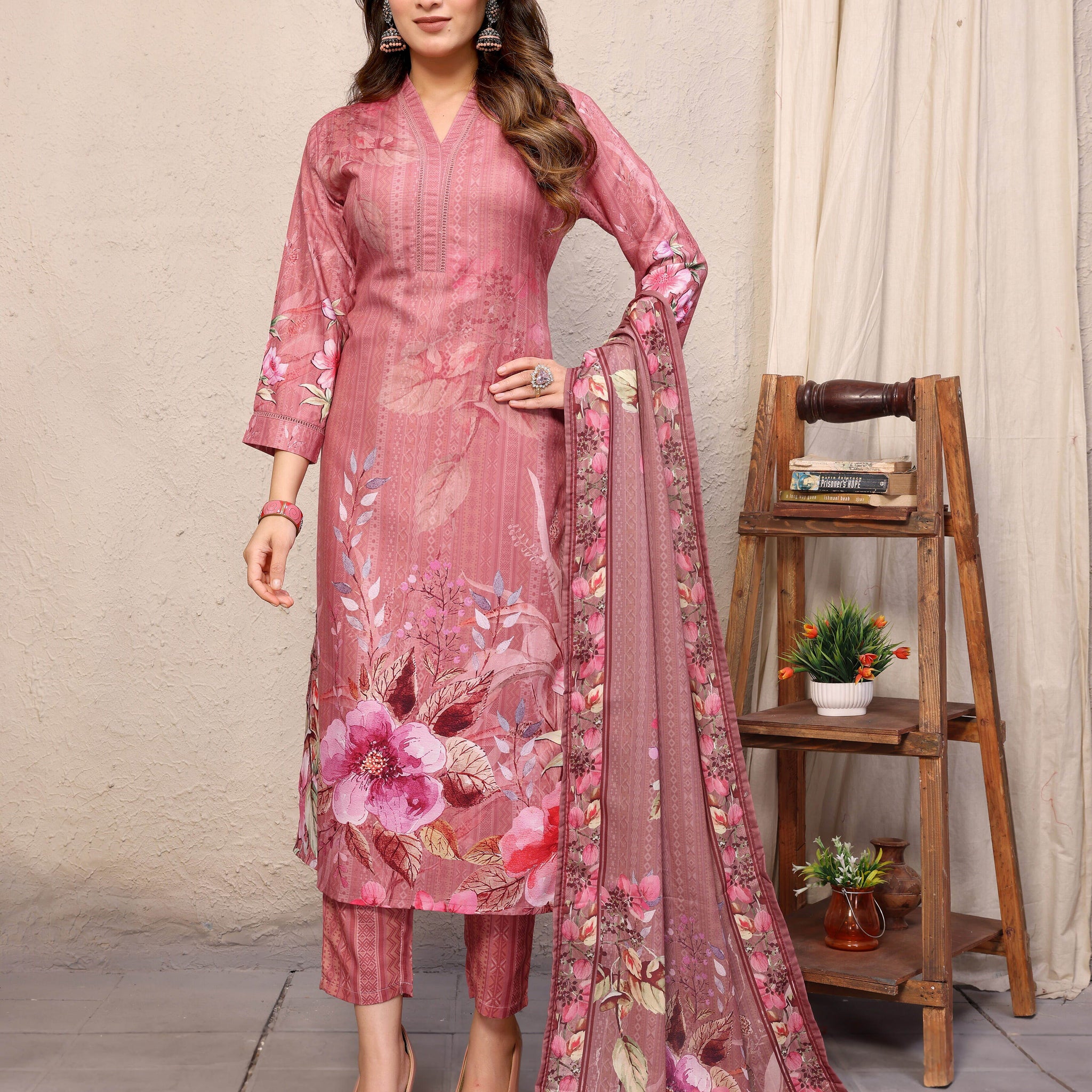 SUNDARNAARI Rose Pink Kurta Set for Women - Digital Print Viscose Rayon, Elegant & Comfortable, Ideal for Casual & Festive Occasions