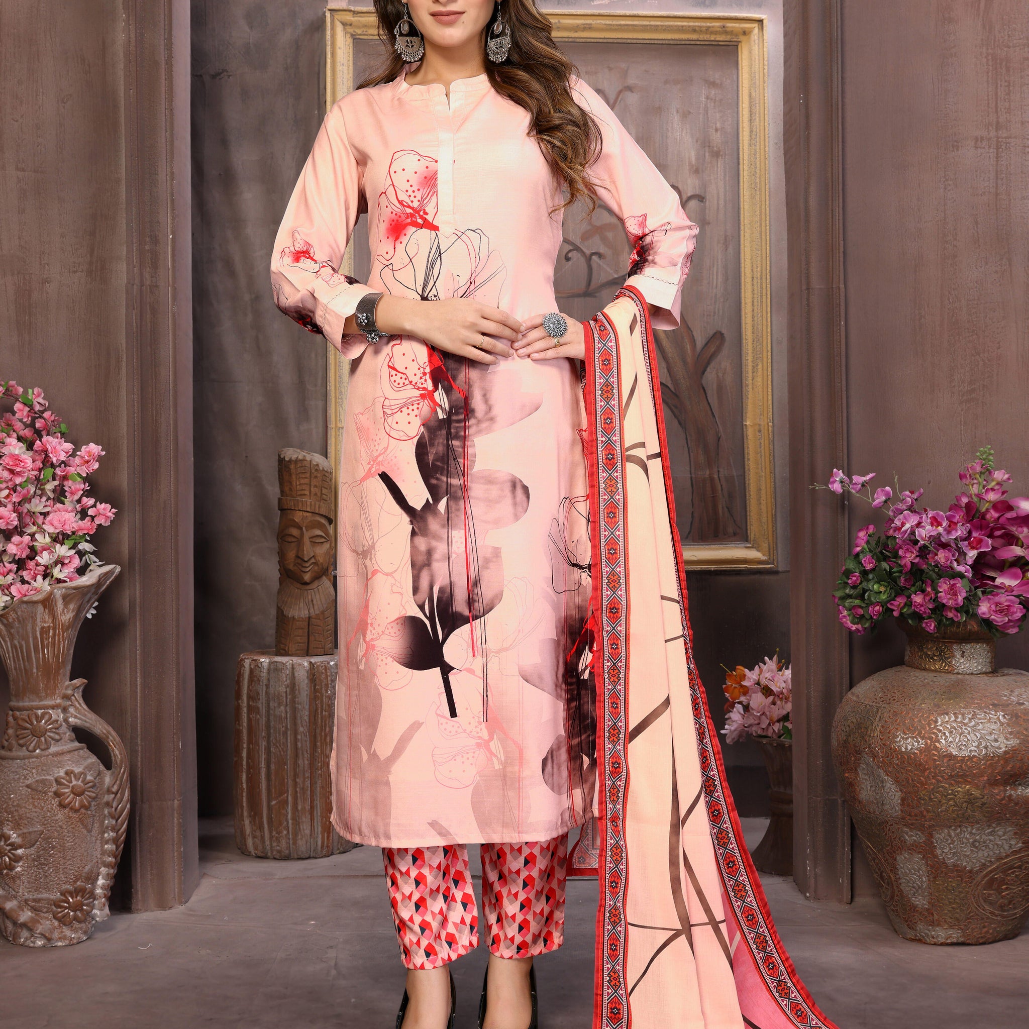 SUNDARNAARI Powder Pink Kurta Set with Digital Print – Soft Viscose Rayon