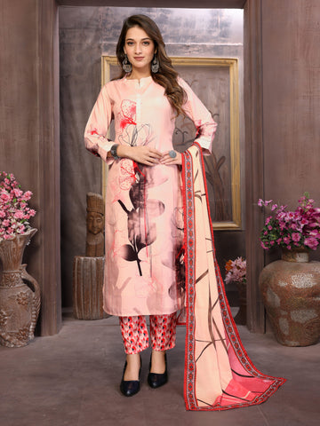 SUNDARNAARI Powder Pink Kurta Set with Digital Print – Soft Viscose Rayon