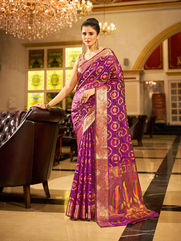 Swornof Womens Patola Organza Saree with blouse piece - Purple