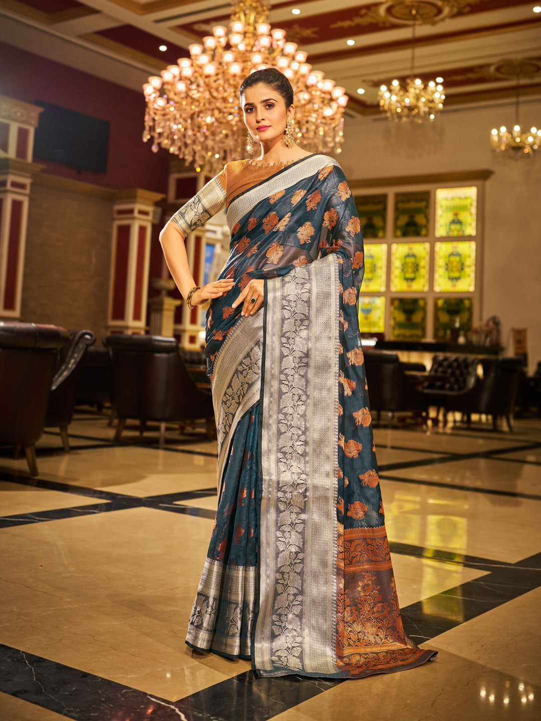 Swornof Womens Silk Saree With Blouse Piece - Greys Blue