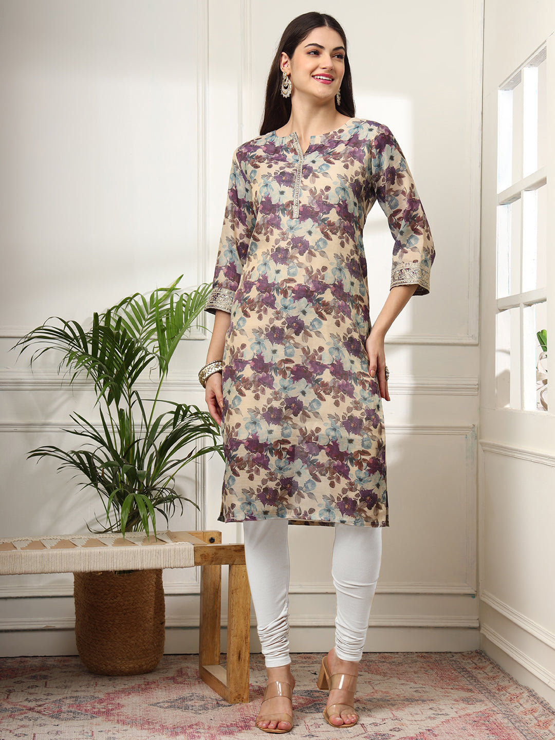 SUNDARNAARI Cream  Floral Silk Blend Kurtis