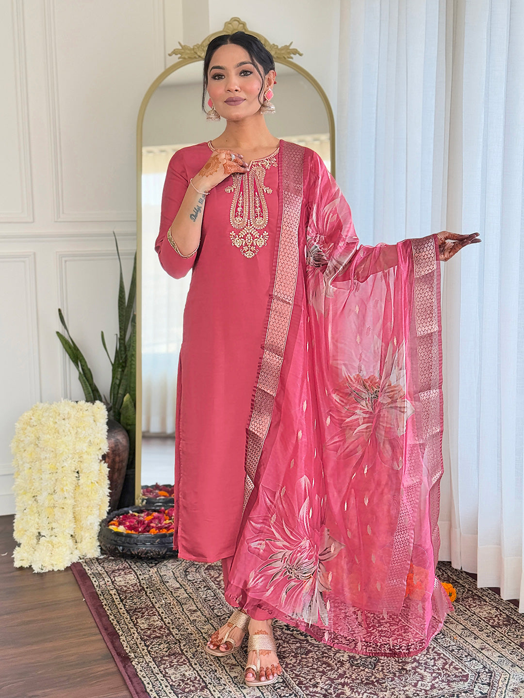 Women Rose Pink Embroidered Ku