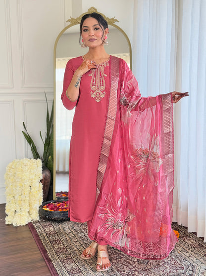 Women Rose Pink Embroidered Ku