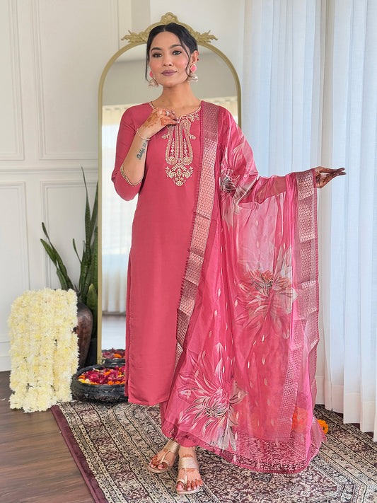 Women Rose Pink Embroidered Ku