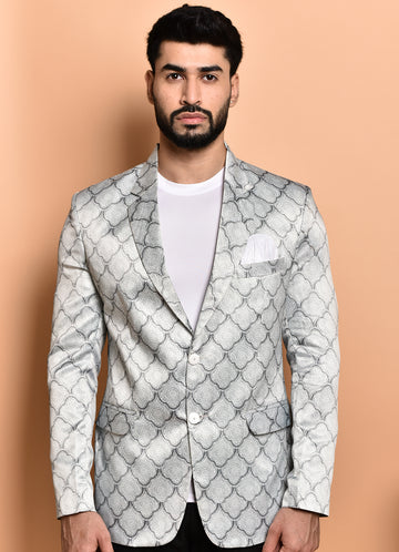 BOWLIFESTYLE Silver Cotton Blend Printed Blazer