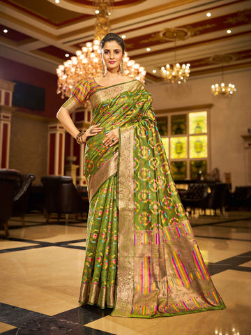 Swornof Womens Patola Organza Saree with blouse piece - Mahendi Green