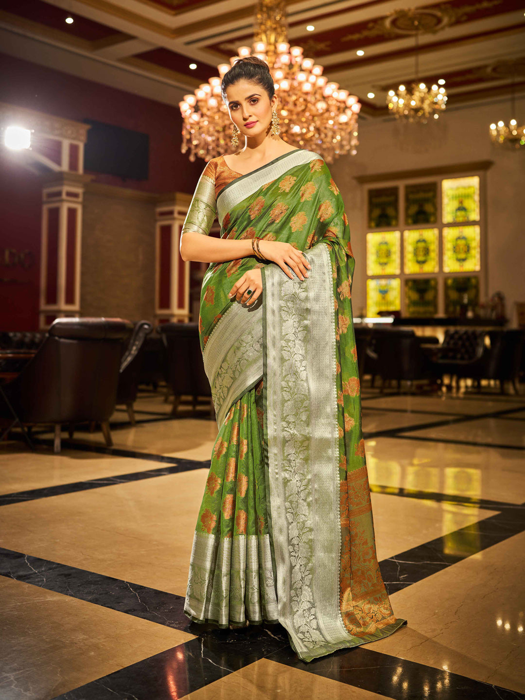 Swornof Womens Silk Saree With Blouse Piece - Mahendi Green