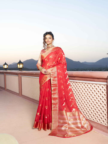 Swornof Womens Patola Organza Saree with blouse piece - Red