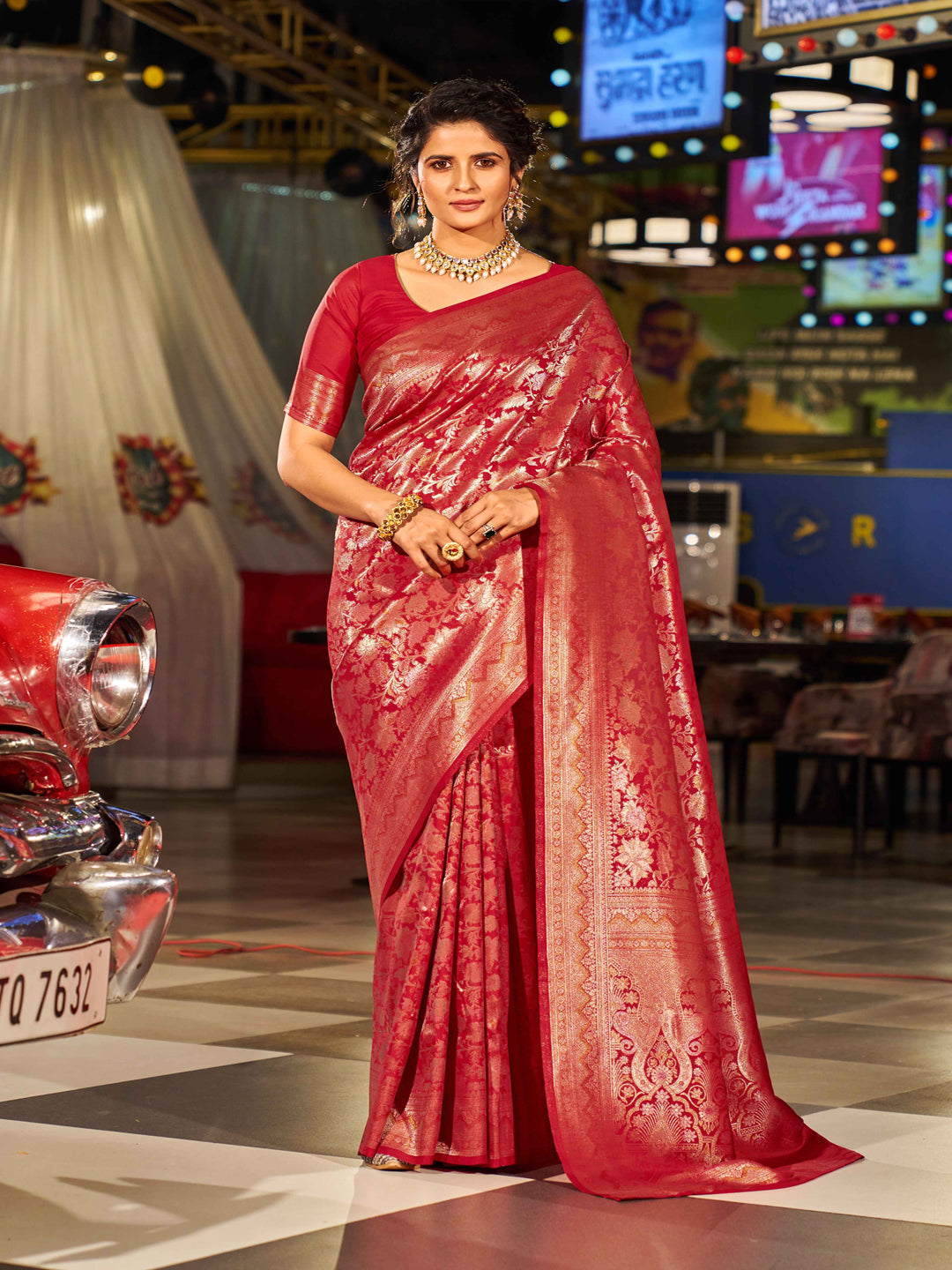 Swornof Womens Silk Saree With Blouse Piece - Red