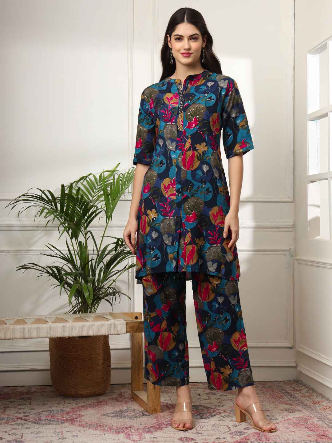 SUNDARNAARI Cotton Blend Printed Co-Ords – Elegant Blue Women's Casual Wear Outfit