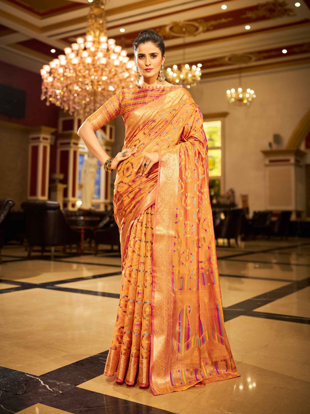 Swornof Womens Patola Organza Saree with blouse piece - Yellow