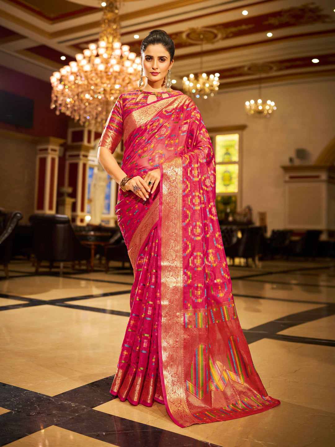 Swornof Womens Patola Organza Saree with blouse piece - Pink