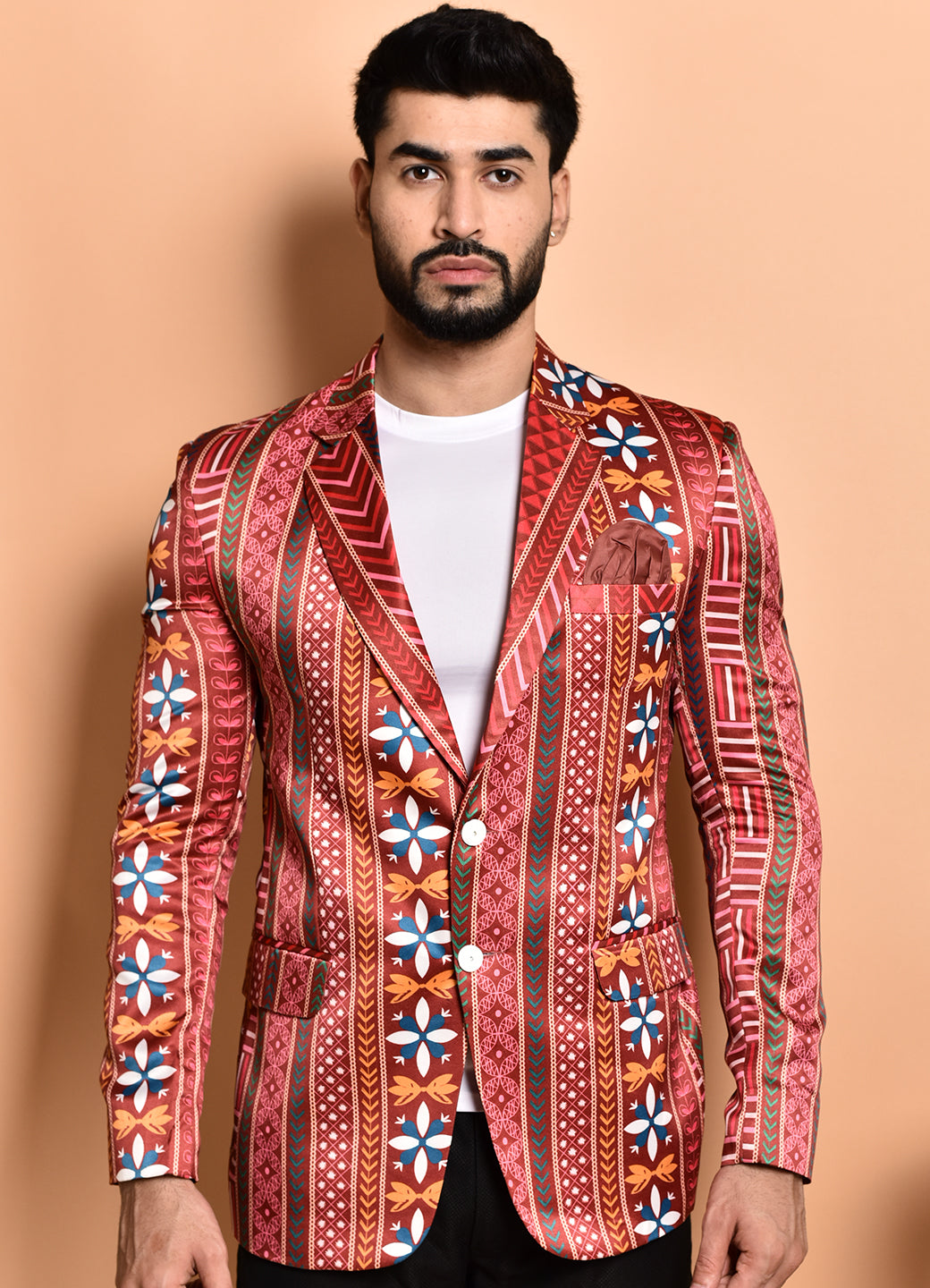 BOWLIFESTYLE Red Multi Cotton Blend Printed Blazer