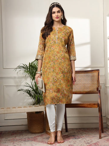 SUNDARNAARI Floral Silk Blend Kurti – Elegant Festive Wear, Yellow