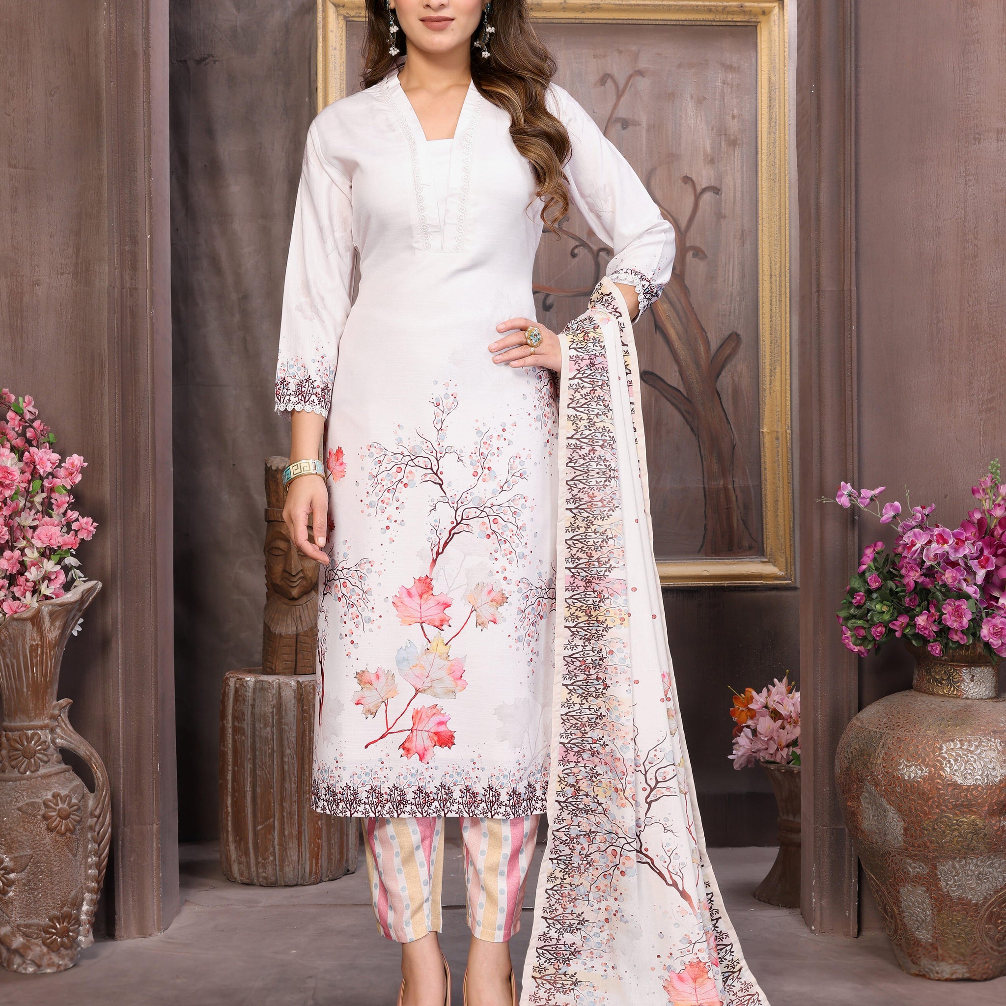 SUNDARNAARI White Kurta Set for Women - Digital Print Viscose Rayon, Elegant & Comfortable, Perfect for Casual & Festive Occasions