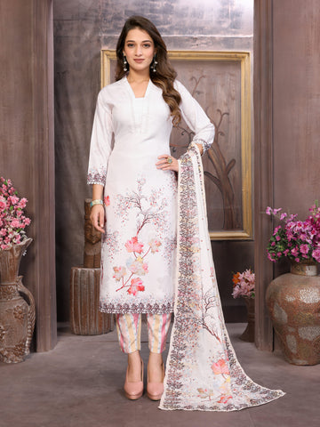 SUNDARNAARI White Kurta Set for Women - Digital Print Viscose Rayon, Elegant & Comfortable, Perfect for Casual & Festive Occasions