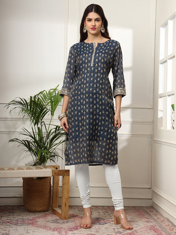 SUNDARNAARI Floral Silk Blend Kurti – Elegant Ethnic Wear, Blue