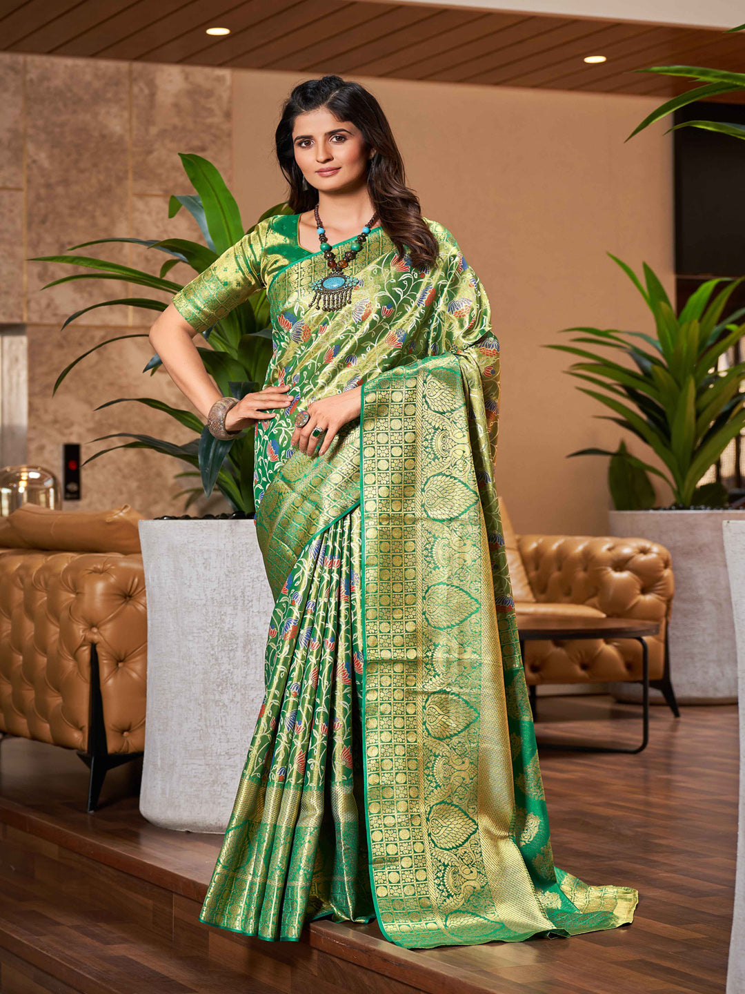 Swornof Women's cotton Silk Saree With Unstitched Boluse Piece - Green